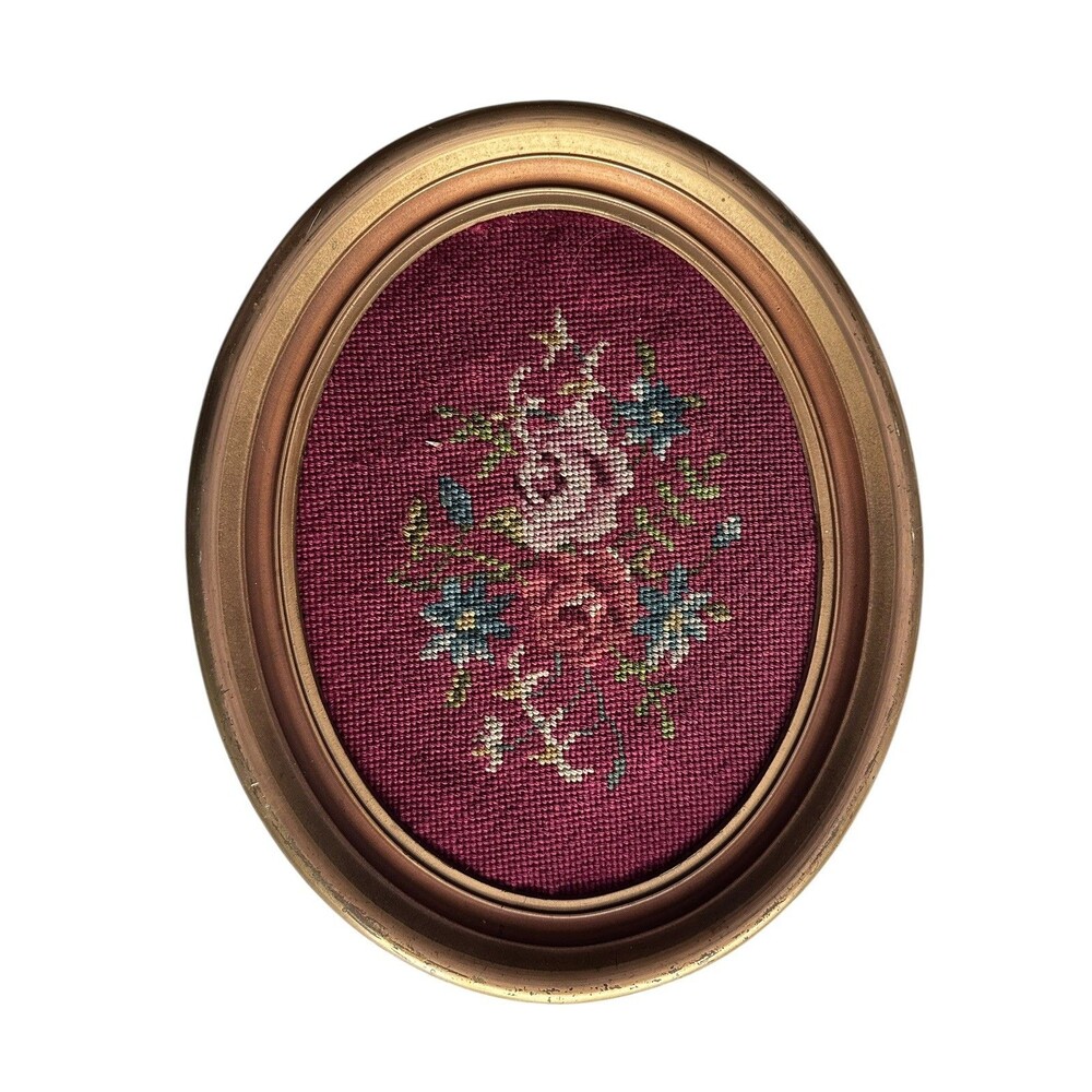 Vintage oval Framed Finished Floral Needlepoint Wall Art Decor Cottagecore